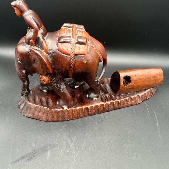Vintage 1950s Wooden Hand-Carved Man on an Elephant Pulling a Log Figurine - Picture 3 of 6